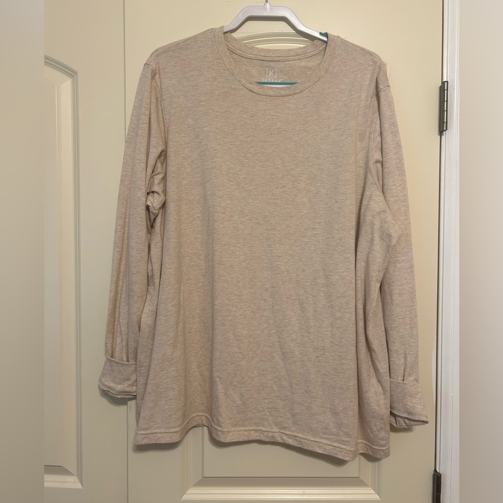 Women’s (men’s dept) plus long sleeve tshirt. Light tan. Long sleeve.